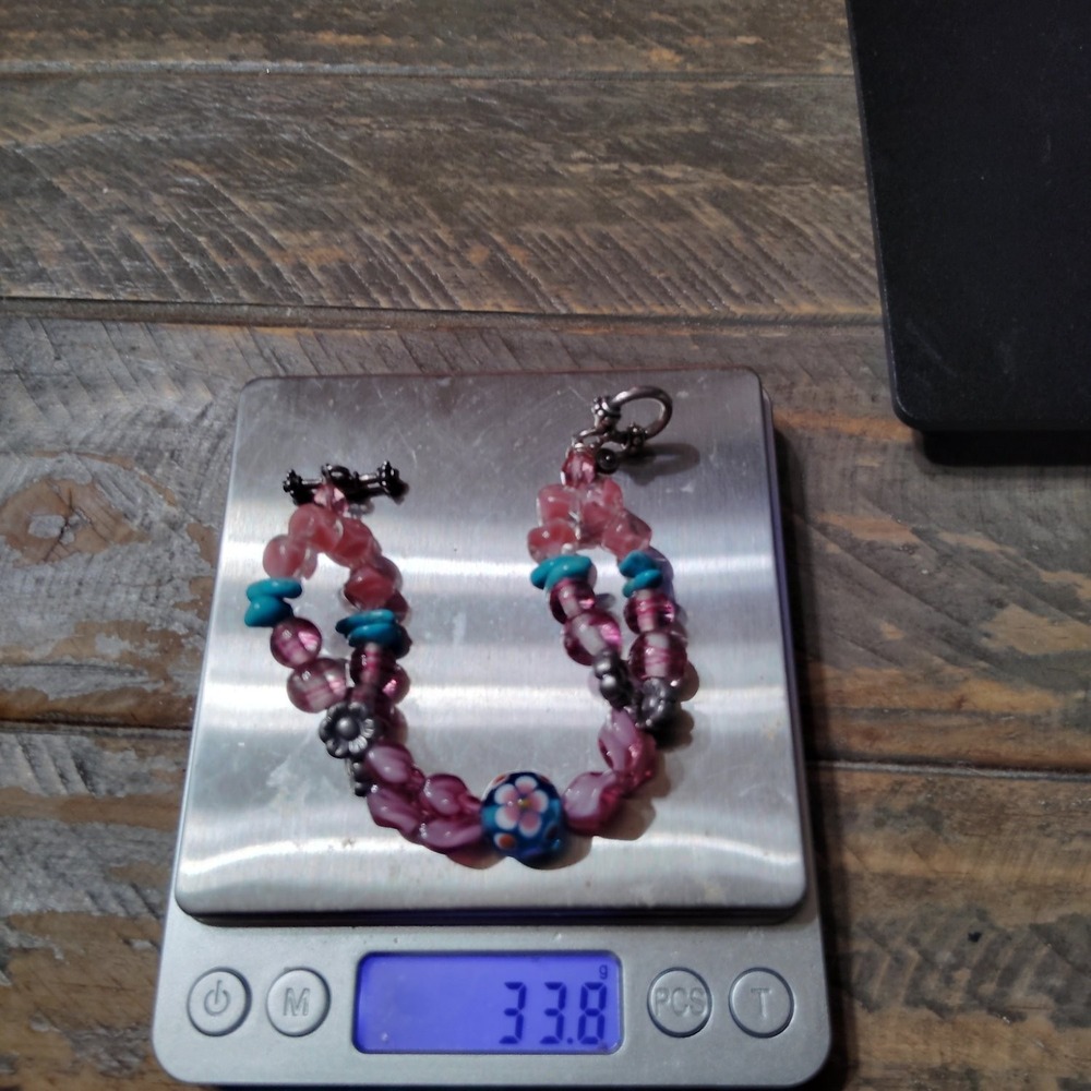Artisan Lampwork Glass Beaded Toggle Bracelet 925 Floral 7.5 Pink Womens